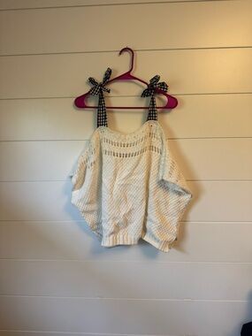 Mauve Cream Knit Cold-Shoulder Sweater with Gingham Ties